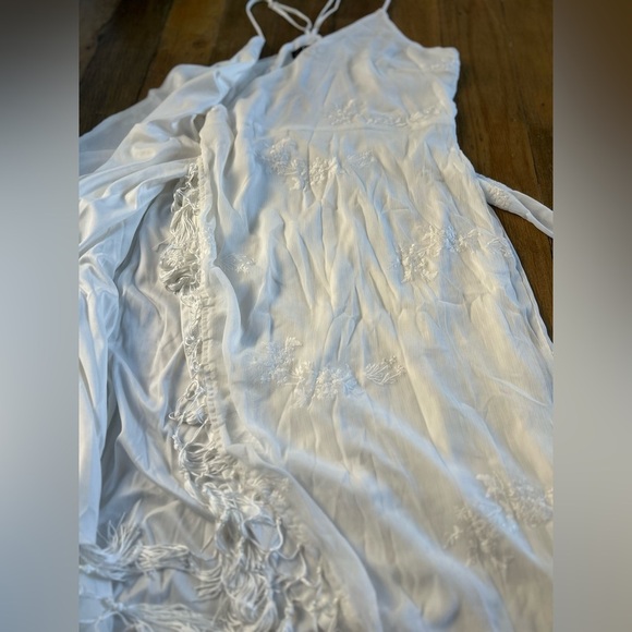 LULUS Fun Affair White Floral Embroidered Tassel Midi Wrap Dress Romantic - Picture 13 of 15